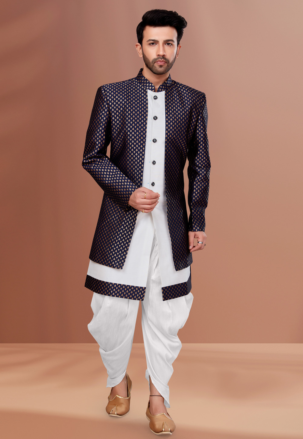 White Jacquard Indo Western Suit 257208