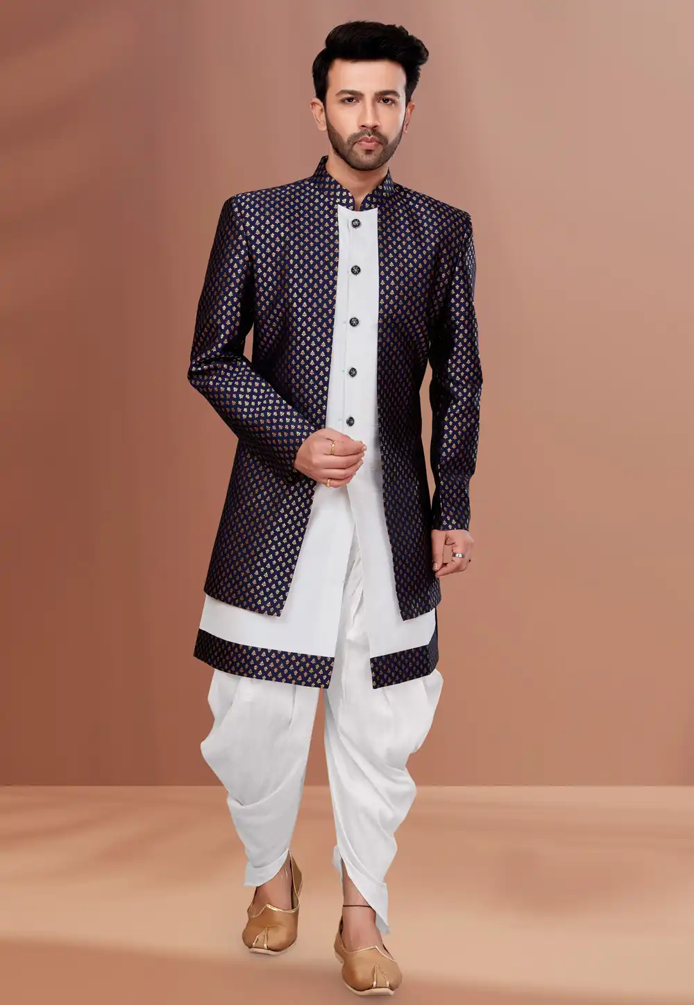 White Jacquard Indo Western Suit 257208