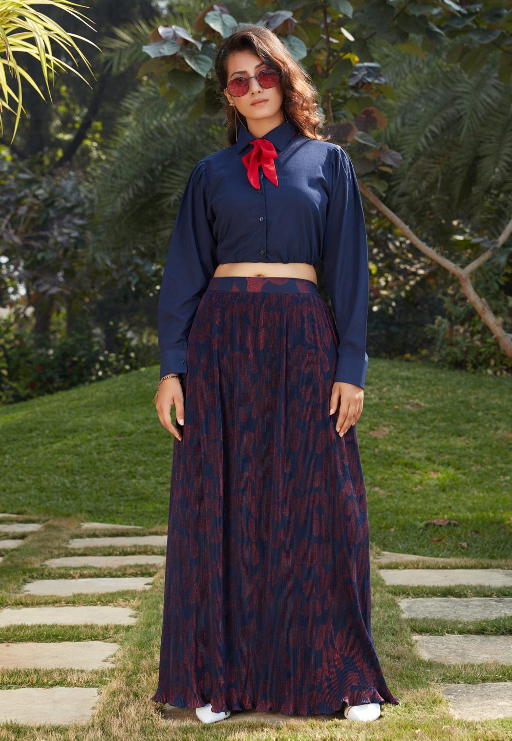 Navy Blue Silk Crop Top Lehenga Choli 217745