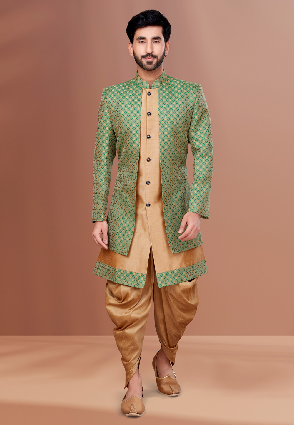 Beige Jacquard Indo Western Suit 257209