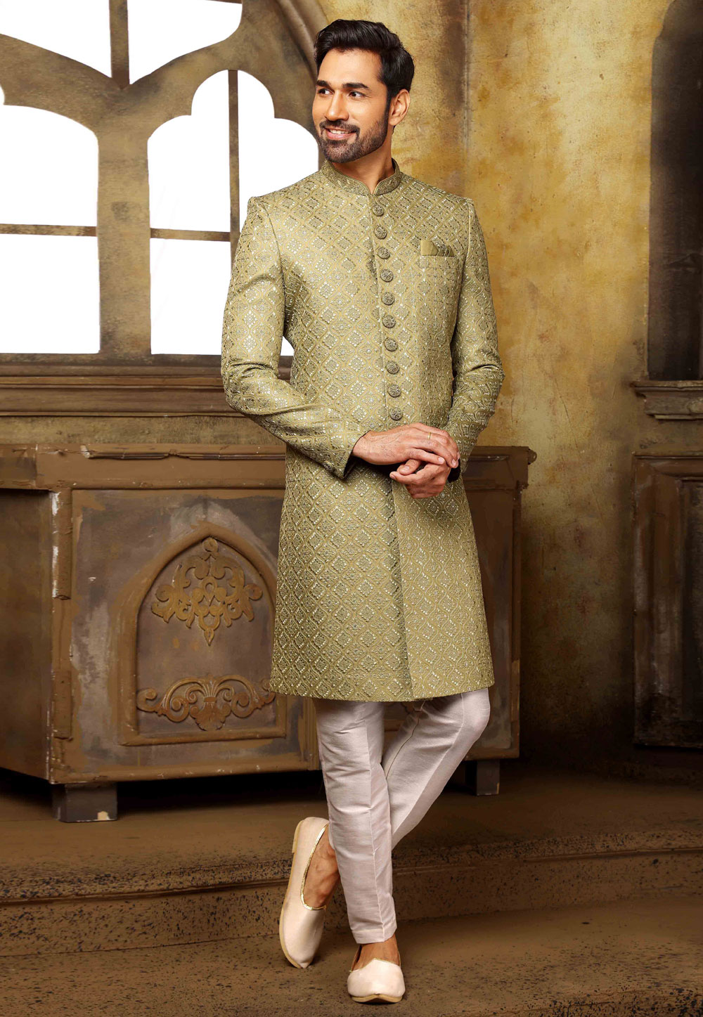 Mehndi Banarasi Silk Indo Western Sherwani 249948