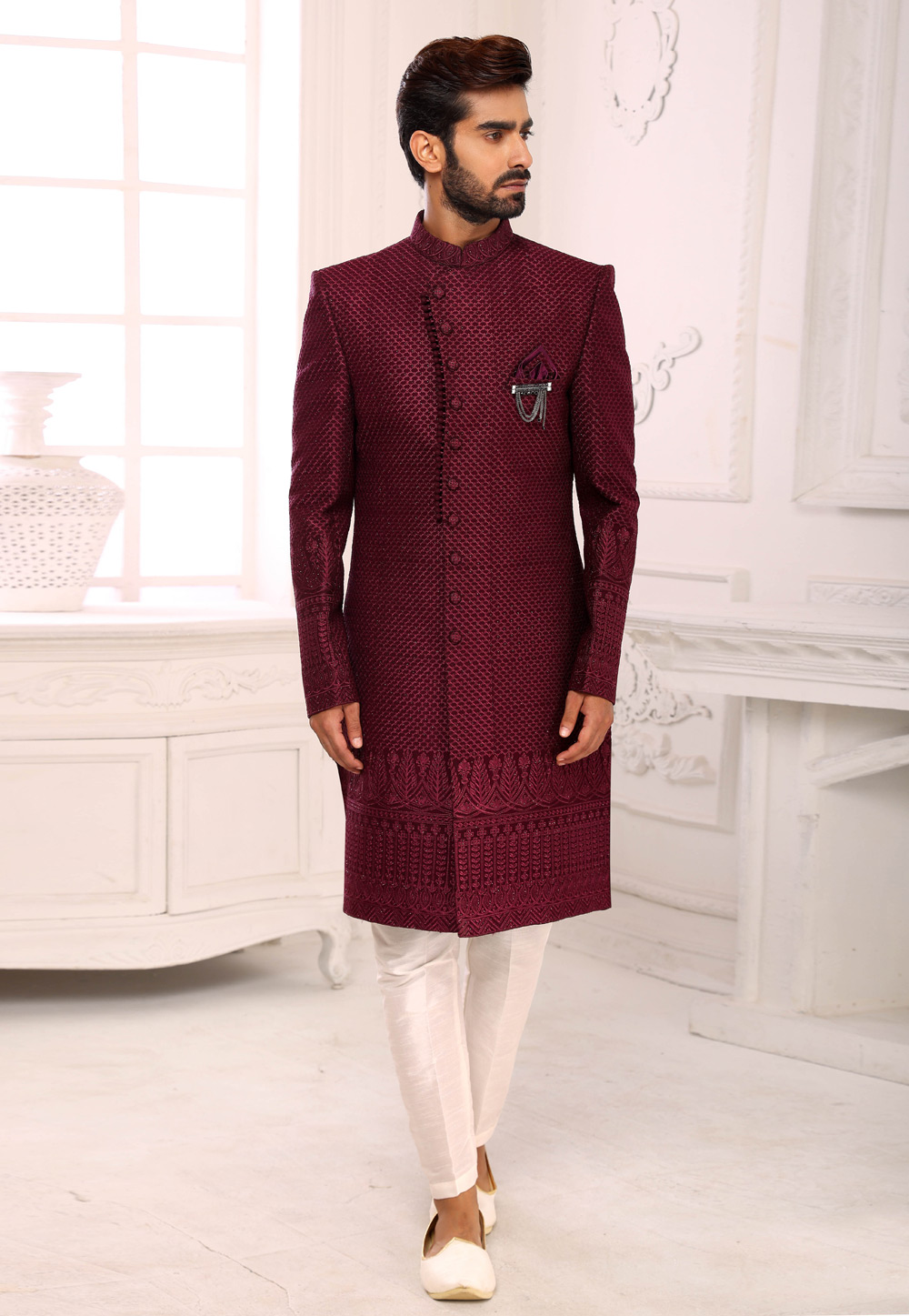 Maroon Georgette Indo Western Sherwani 249964
