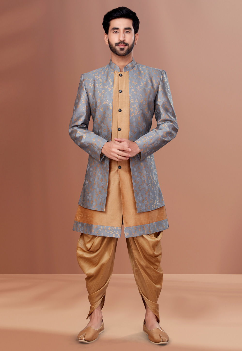 Beige Jacquard Indo Western Suit 257210