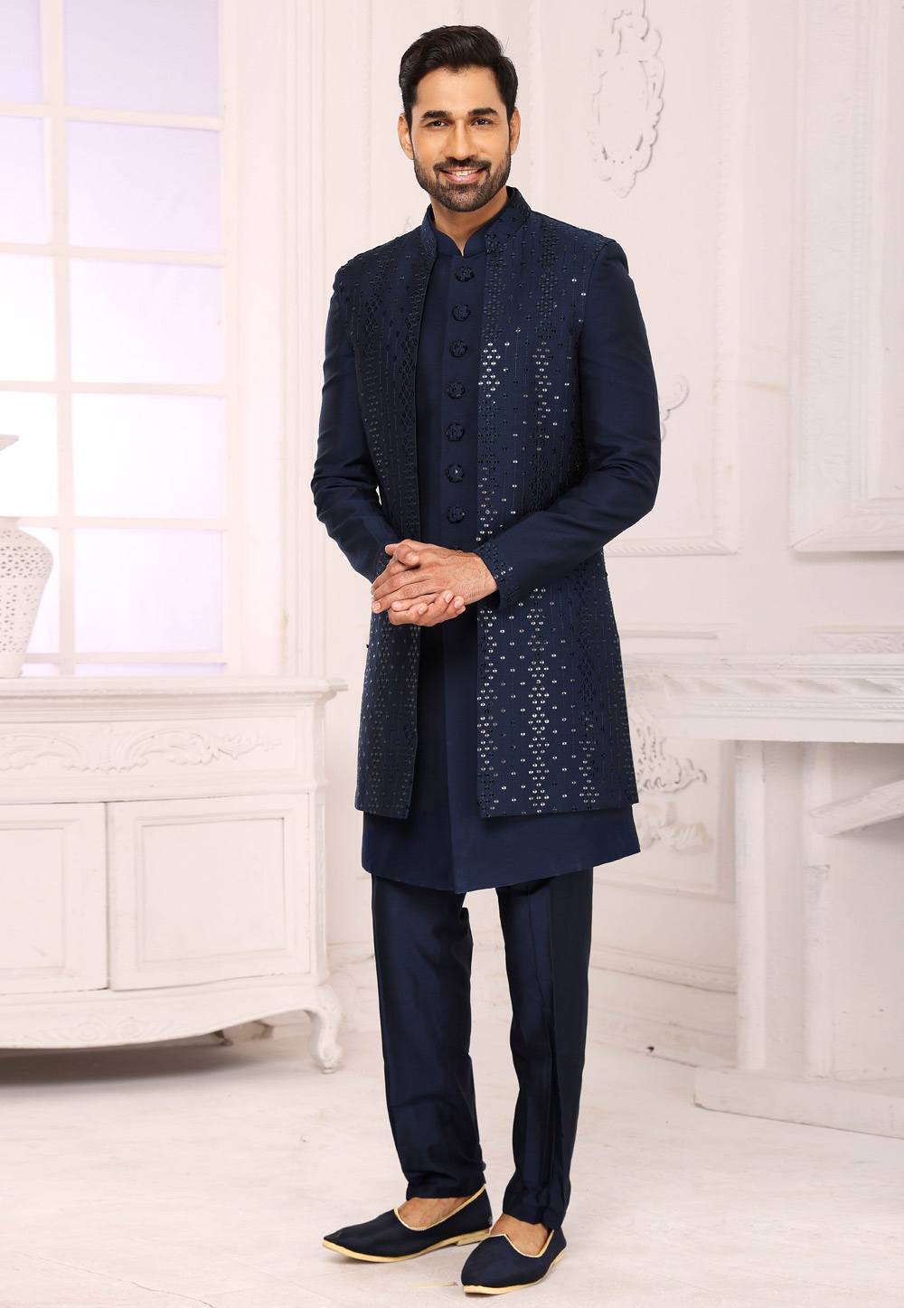 Navy Blue Art Silk Indo Western Sherwani 249979