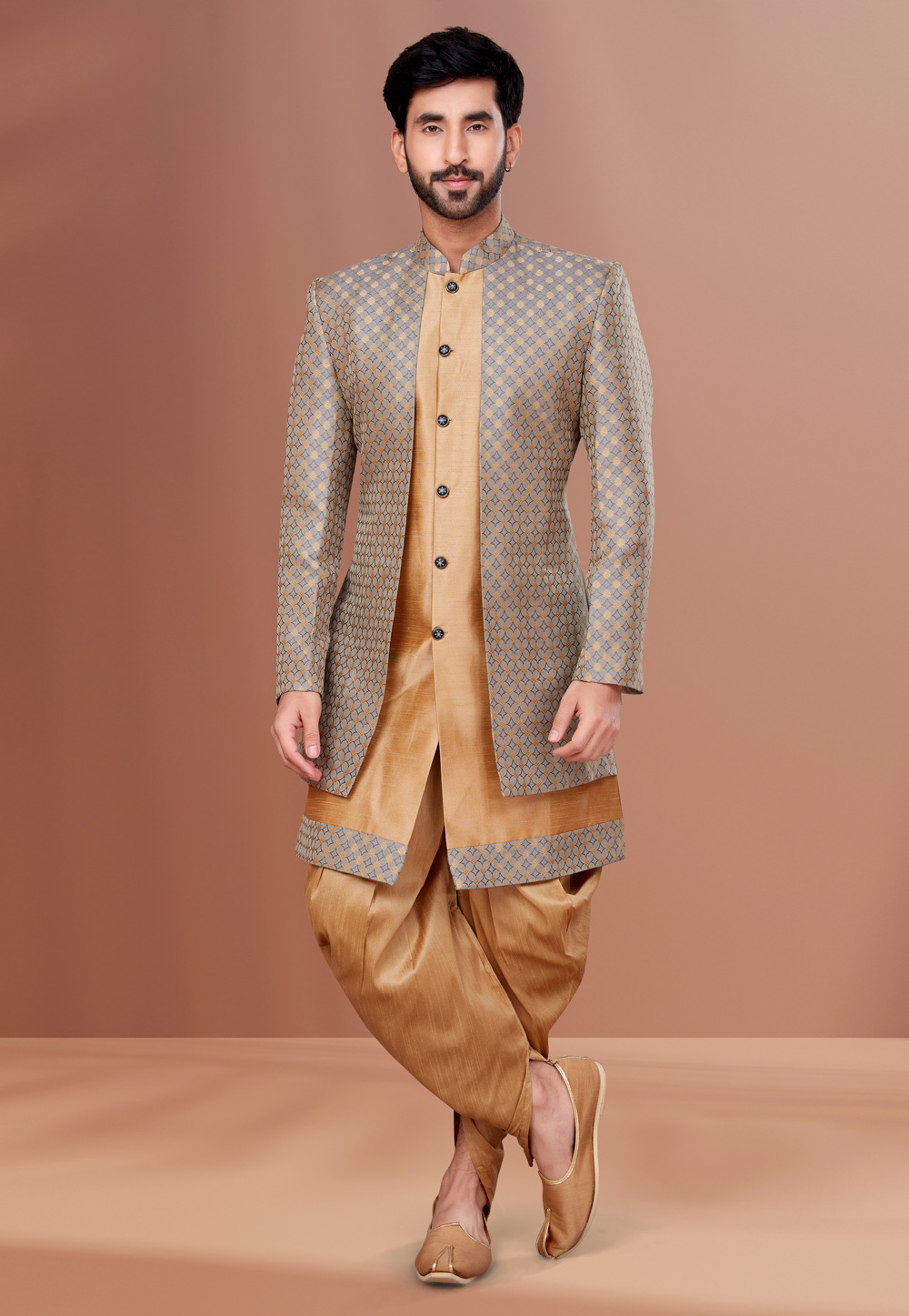 Beige Jacquard Indo Western Suit 257212