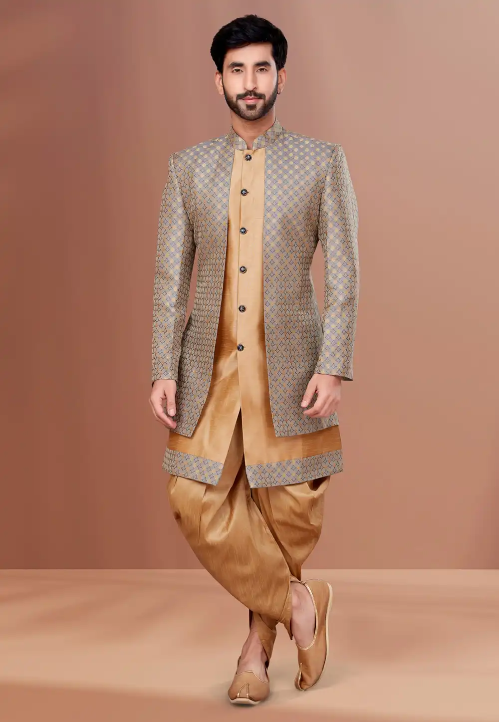Beige Jacquard Indo Western Suit 257212