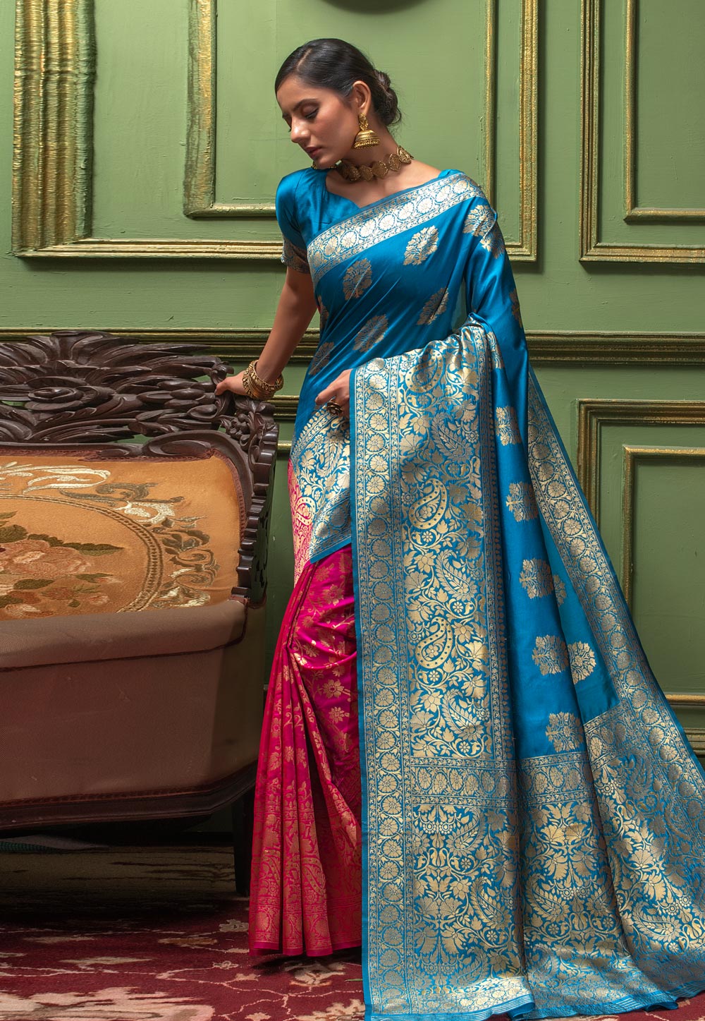 Sky Blue Banarasi Silk Half N Half Saree 228327
