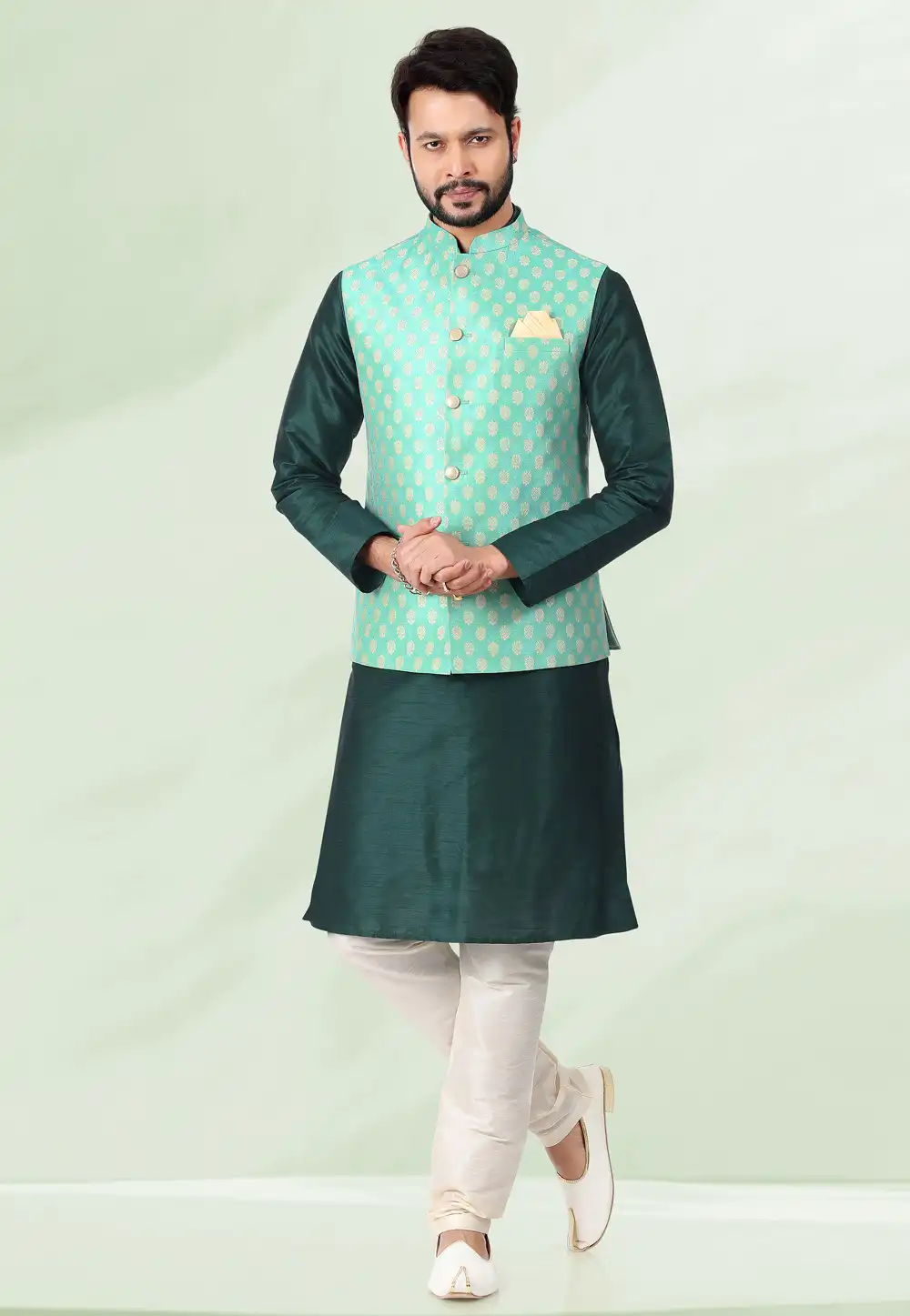 Green Jacquard Kurta Pajama With Jacket 258149