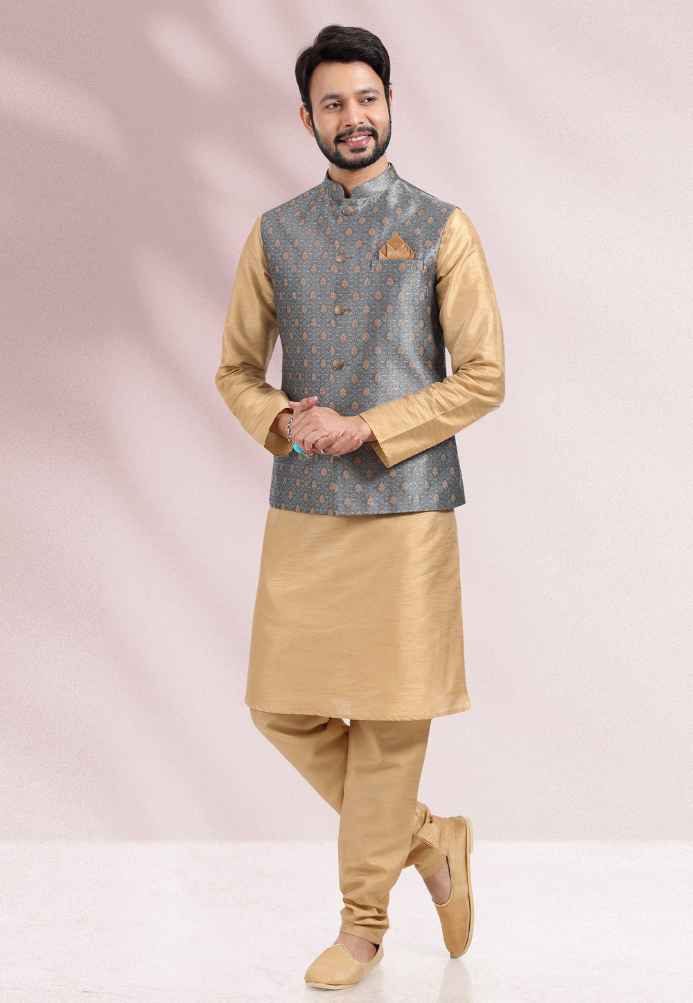 Beige Jacquard Kurta Pajama With Jacket 258150