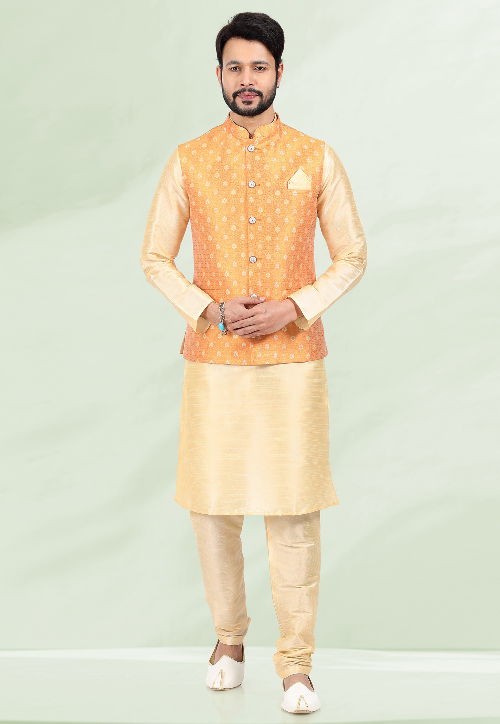 Beige Jacquard Kurta Pajama With Jacket 258151
