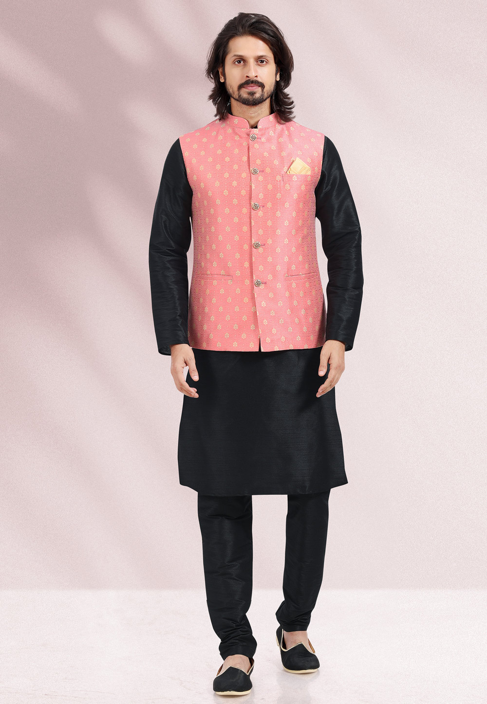 Black Jacquard Kurta Pajama With Jacket 258152