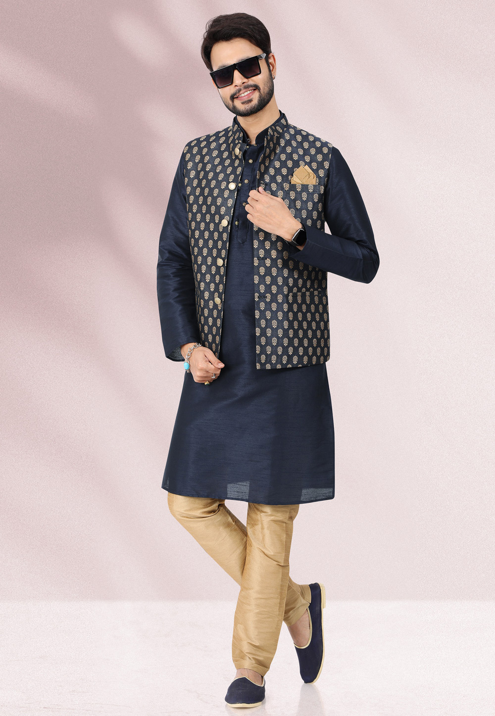 Navy Blue Jacquard Kurta Pajama With Jacket 258154