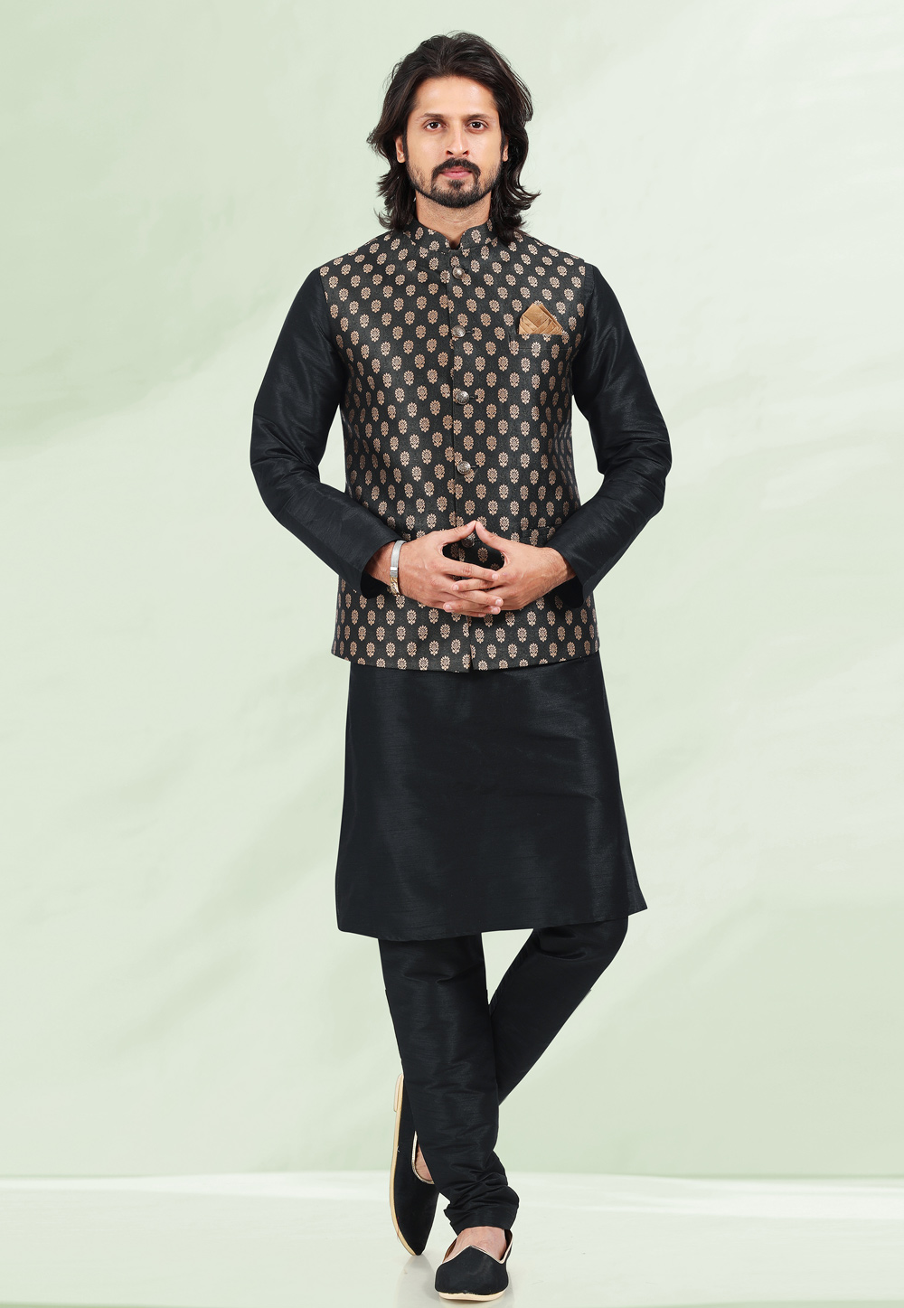 Black Jacquard Kurta Pajama With Jacket 258155
