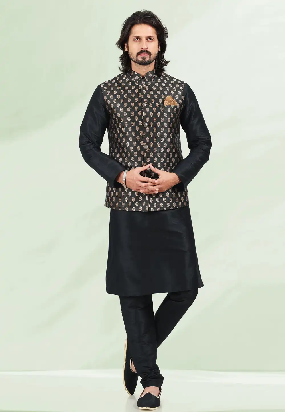 Black Jacquard Kurta Pajama With Jacket 258155