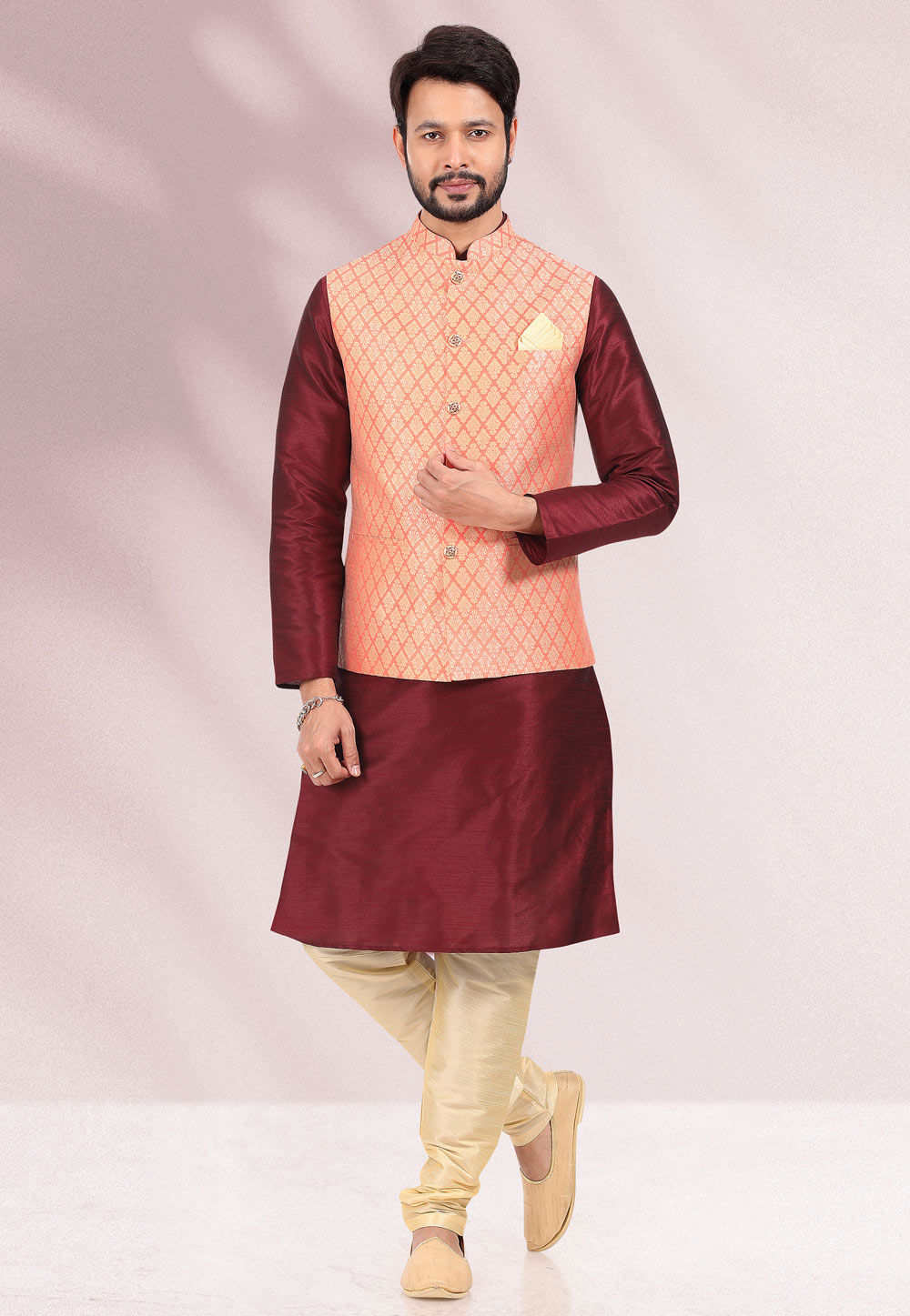 Maroon Jacquard Kurta Pajama With Jacket 258156