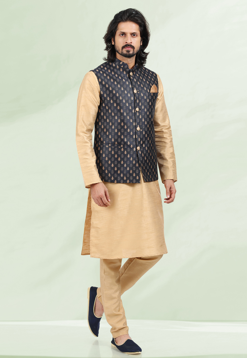 Beige Jacquard Kurta Pajama With Jacket 258157