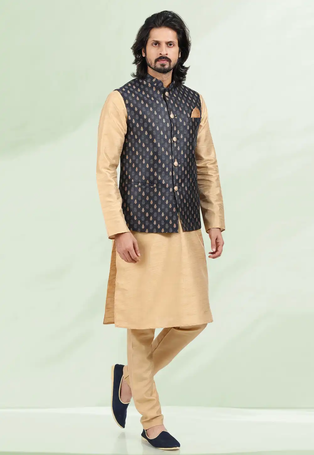 Beige Jacquard Kurta Pajama With Jacket 258157