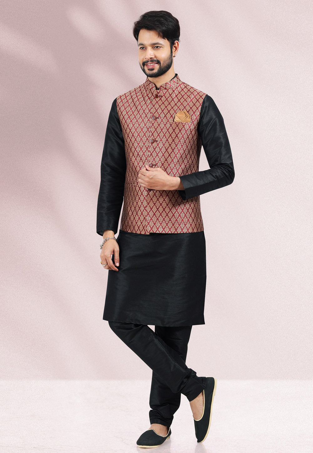 Black Jacquard Kurta Pajama With Jacket 258158