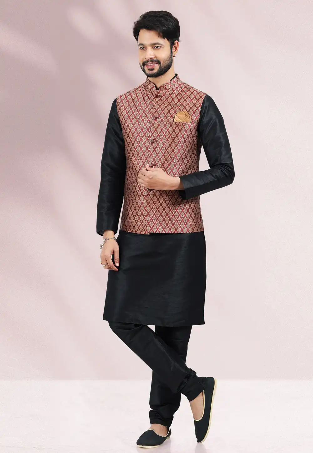 Black Jacquard Kurta Pajama With Jacket 258158