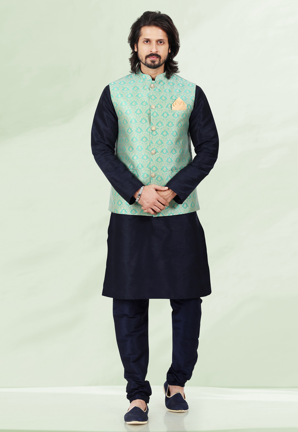Black Jacquard Kurta Pajama With Jacket 258159