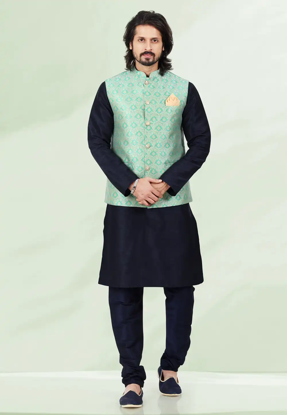 Black Jacquard Kurta Pajama With Jacket 258159
