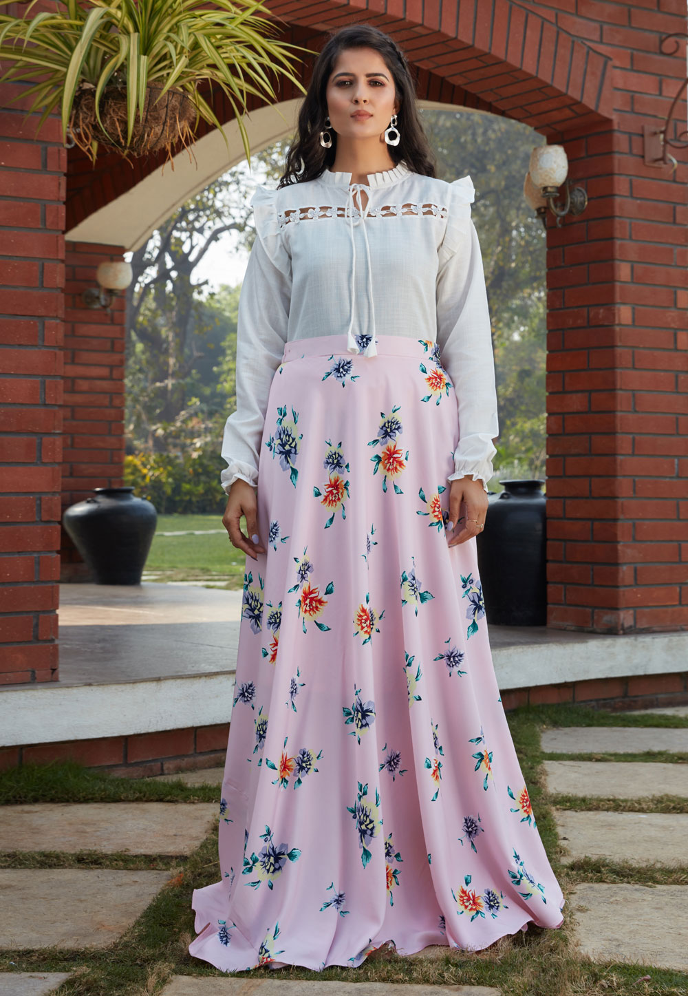 Pink Crepe Silk Floral Crop Top Lehenga 217611
