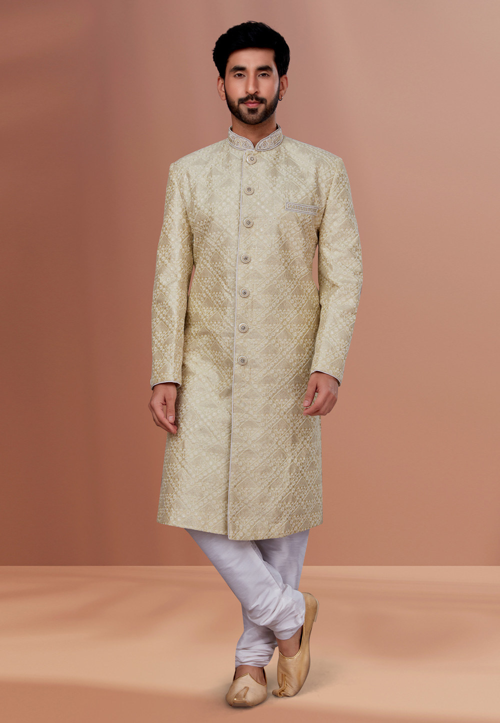 Cream Silk Pakistani Sherwani 257213
