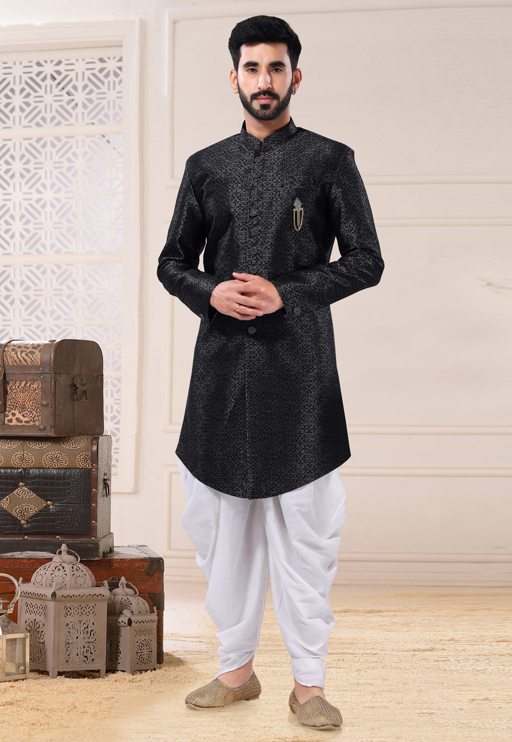Black Jacquard Dhoti Sherwani 260197