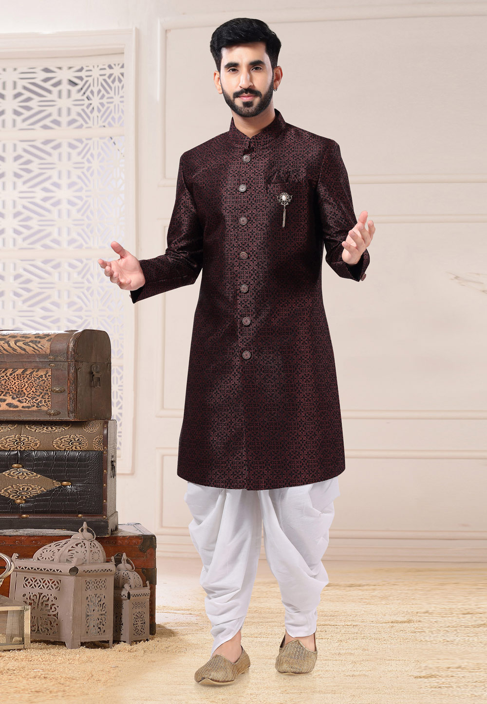 Wine Jacquard Dhoti Sherwani 260198