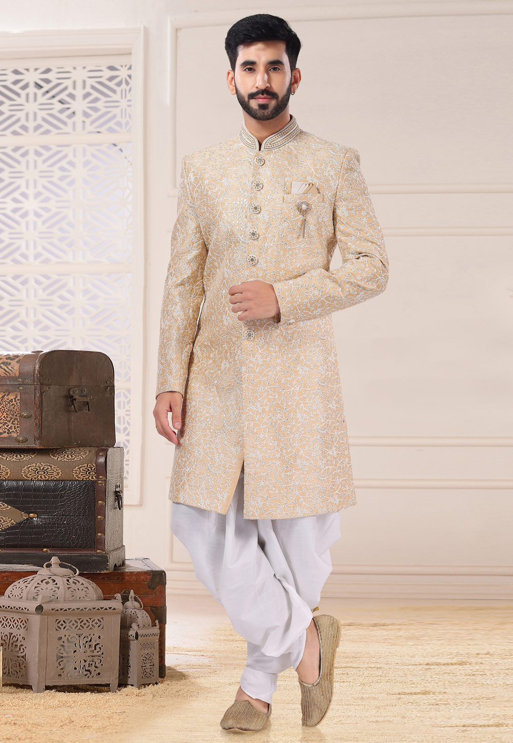 Peach Silk Dhoti Sherwani 260200