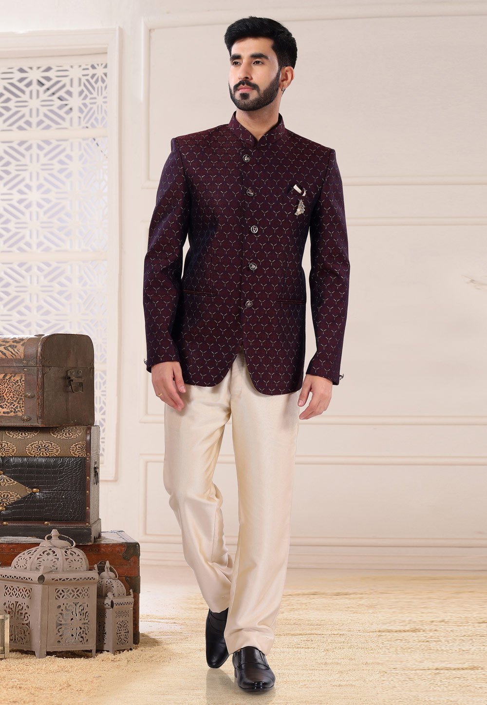Wine Jacquard Jodhpuri Suit 260203