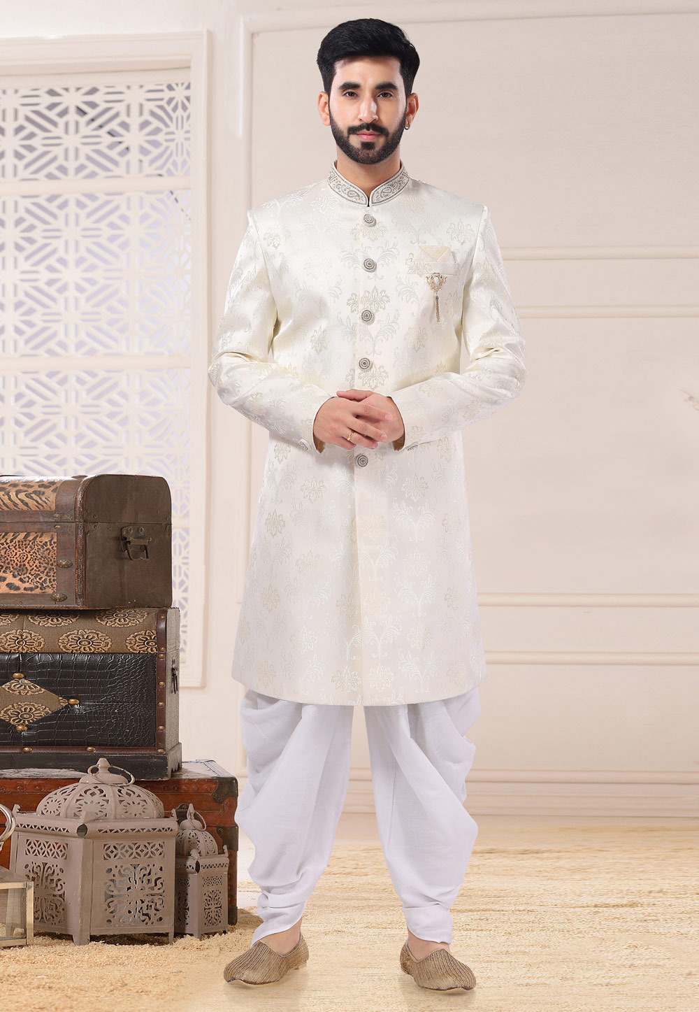 Cream Jacquard Dhoti Sherwani 260206