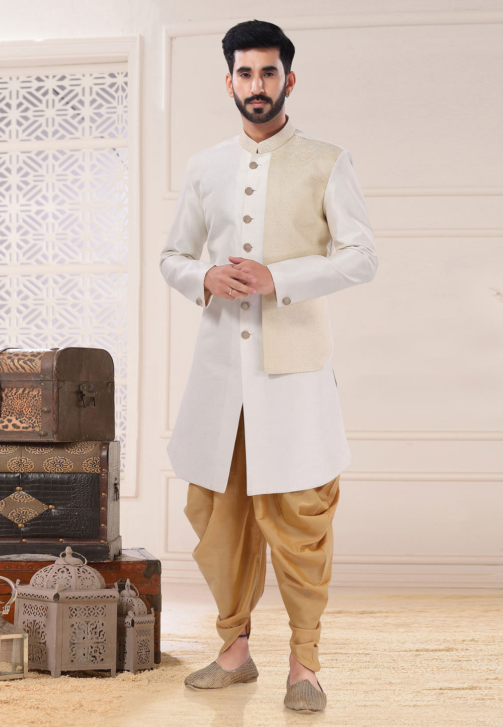 Cream Silk Indo Western Kurta 260243