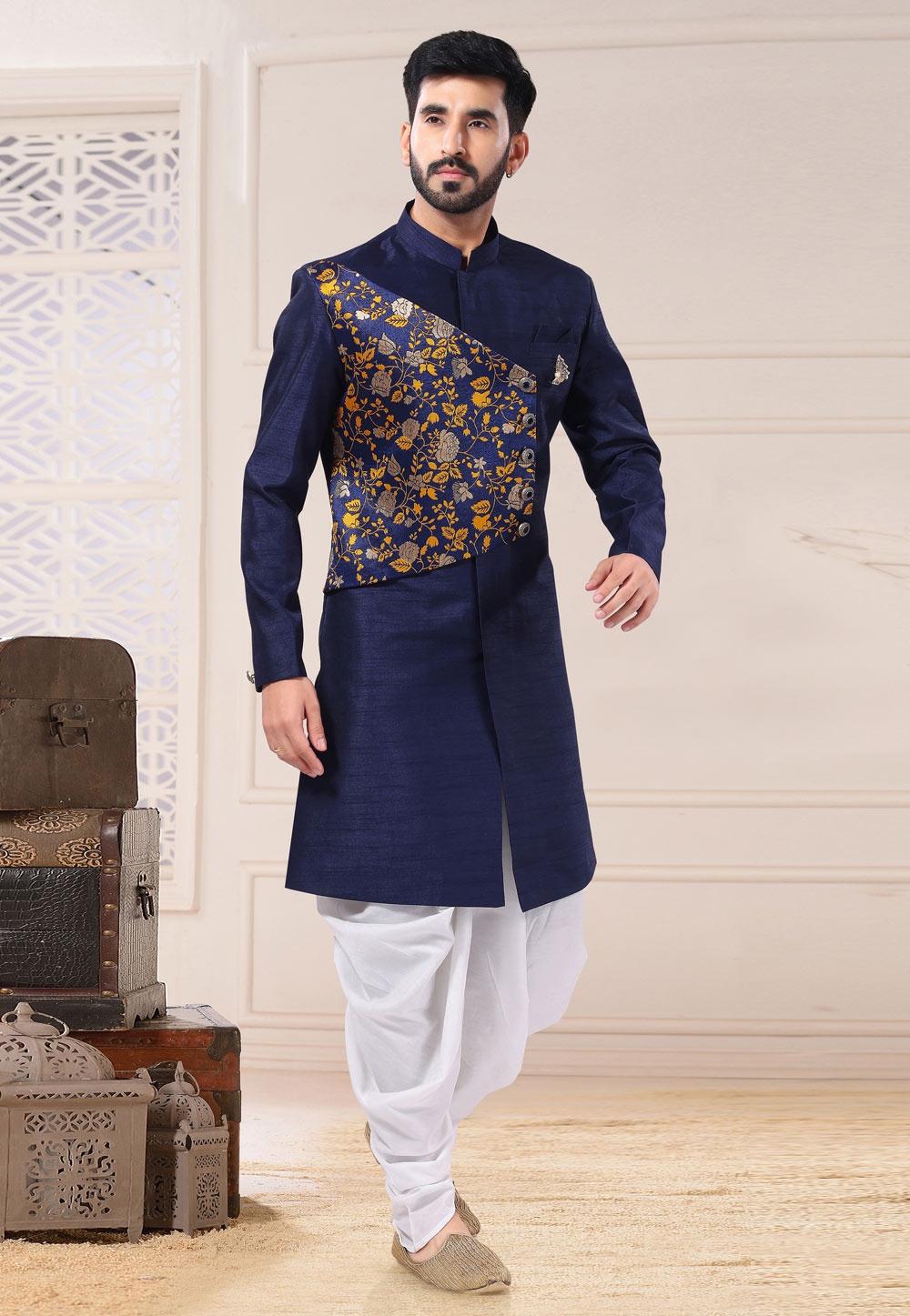 Navy Blue Silk Indo Western Kurta 260244