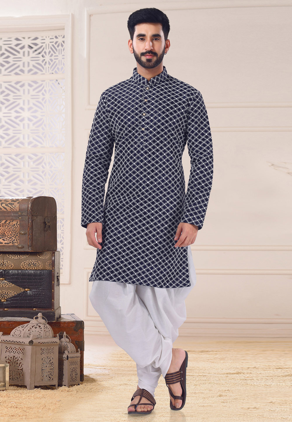 Navy Blue Silk Dhoti Kurta 260250