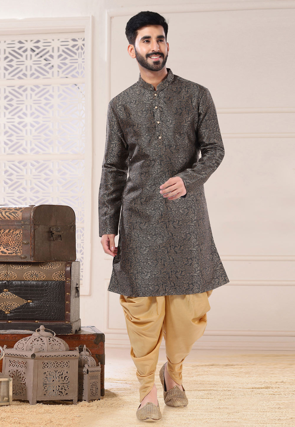 Grey Jacquard Dhoti Sherwani 260255