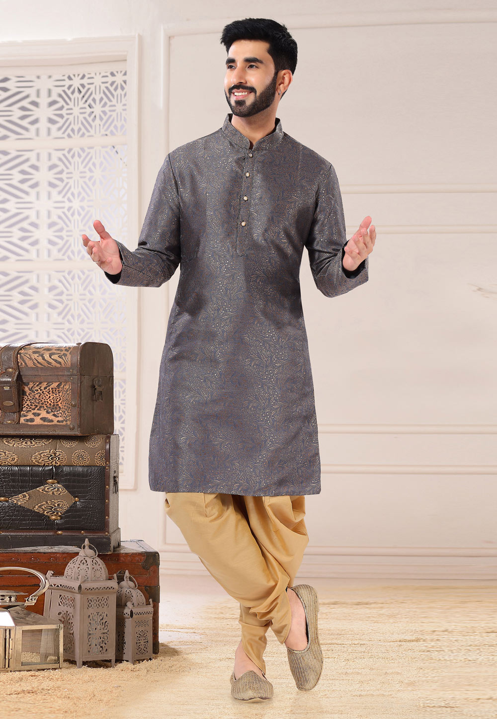 Grey Jacquard Dhoti Sherwani 260256