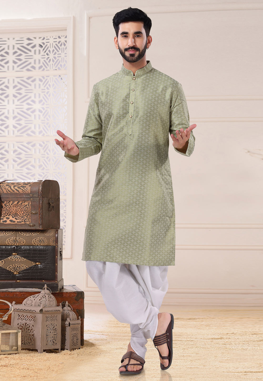 Light Green Jacquard Dhoti Kurta 260261