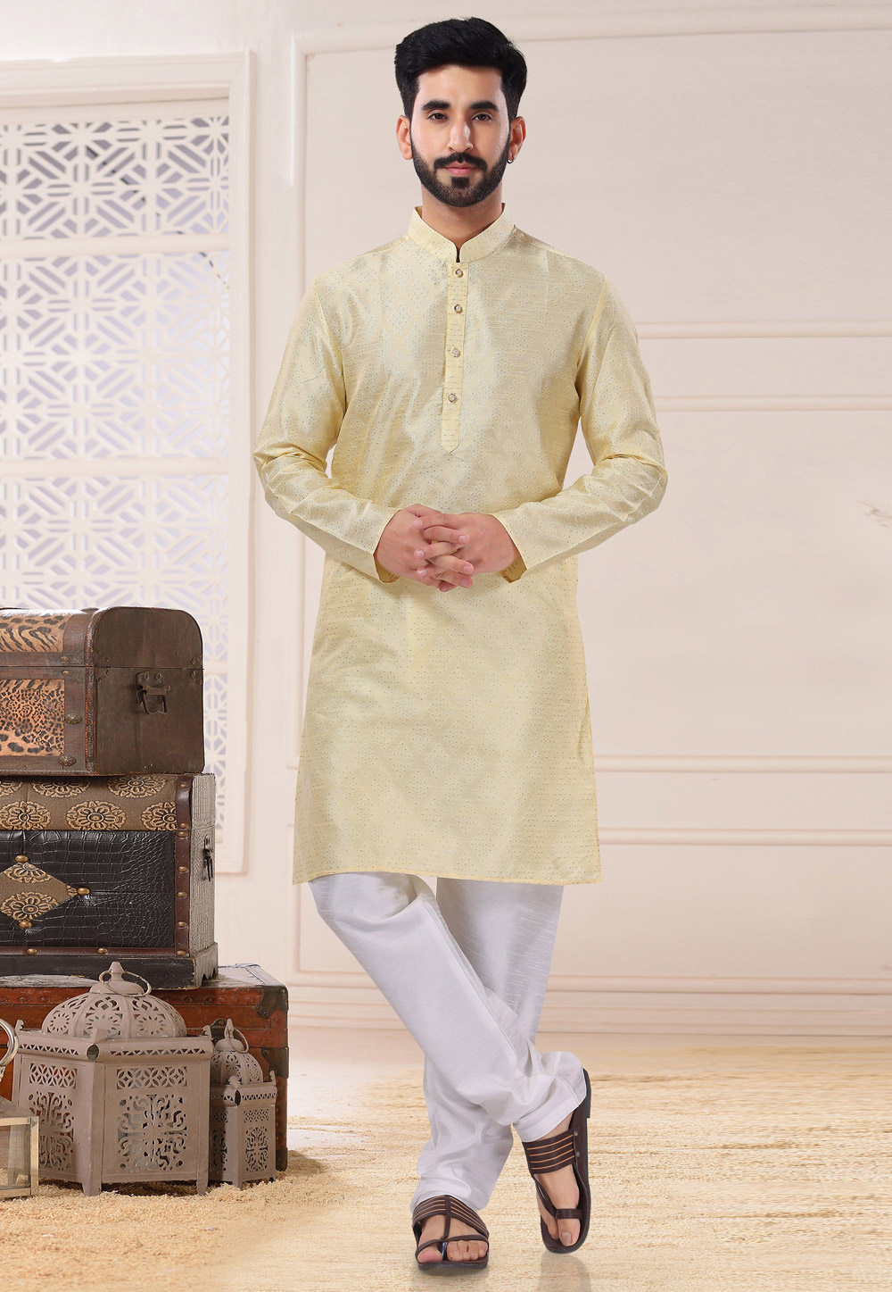 Light Yellow Jacquard Kurta Pajama 260268