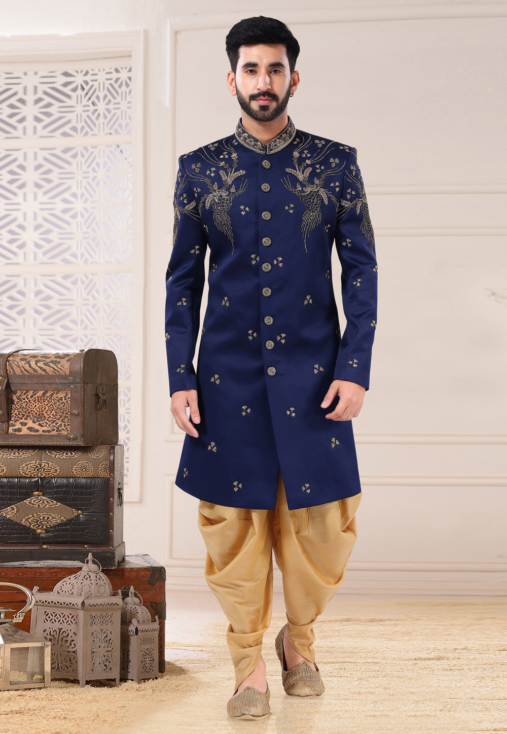 Navy Blue Jacquard Jodhpuri Sherwani 260270