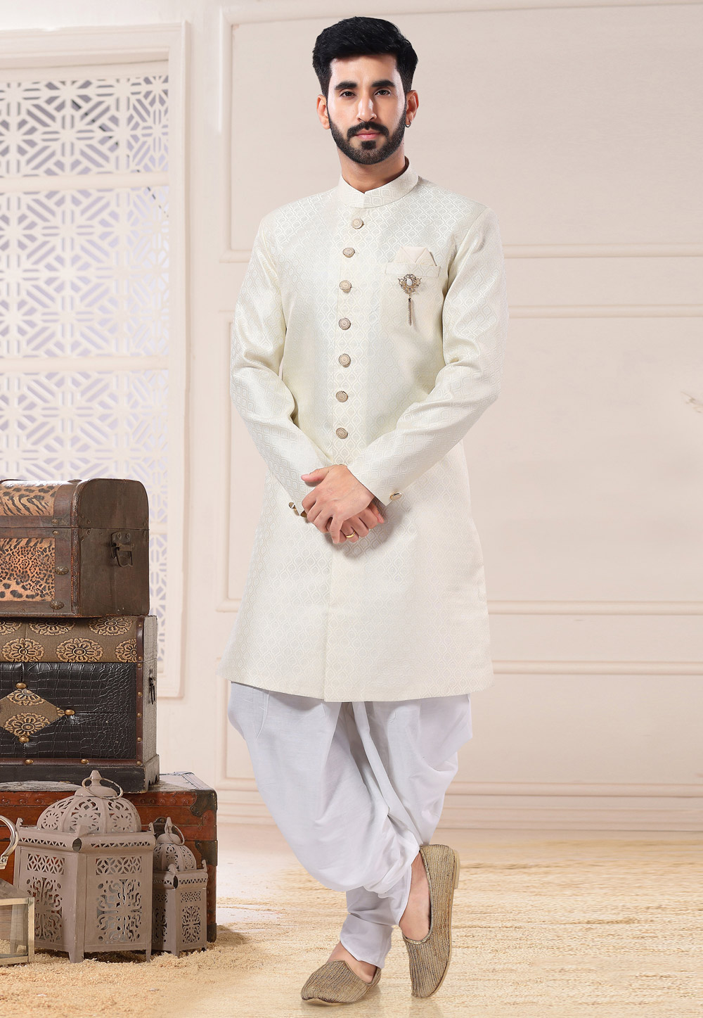 Cream Jacquard Achkan Style Sherwani 260271