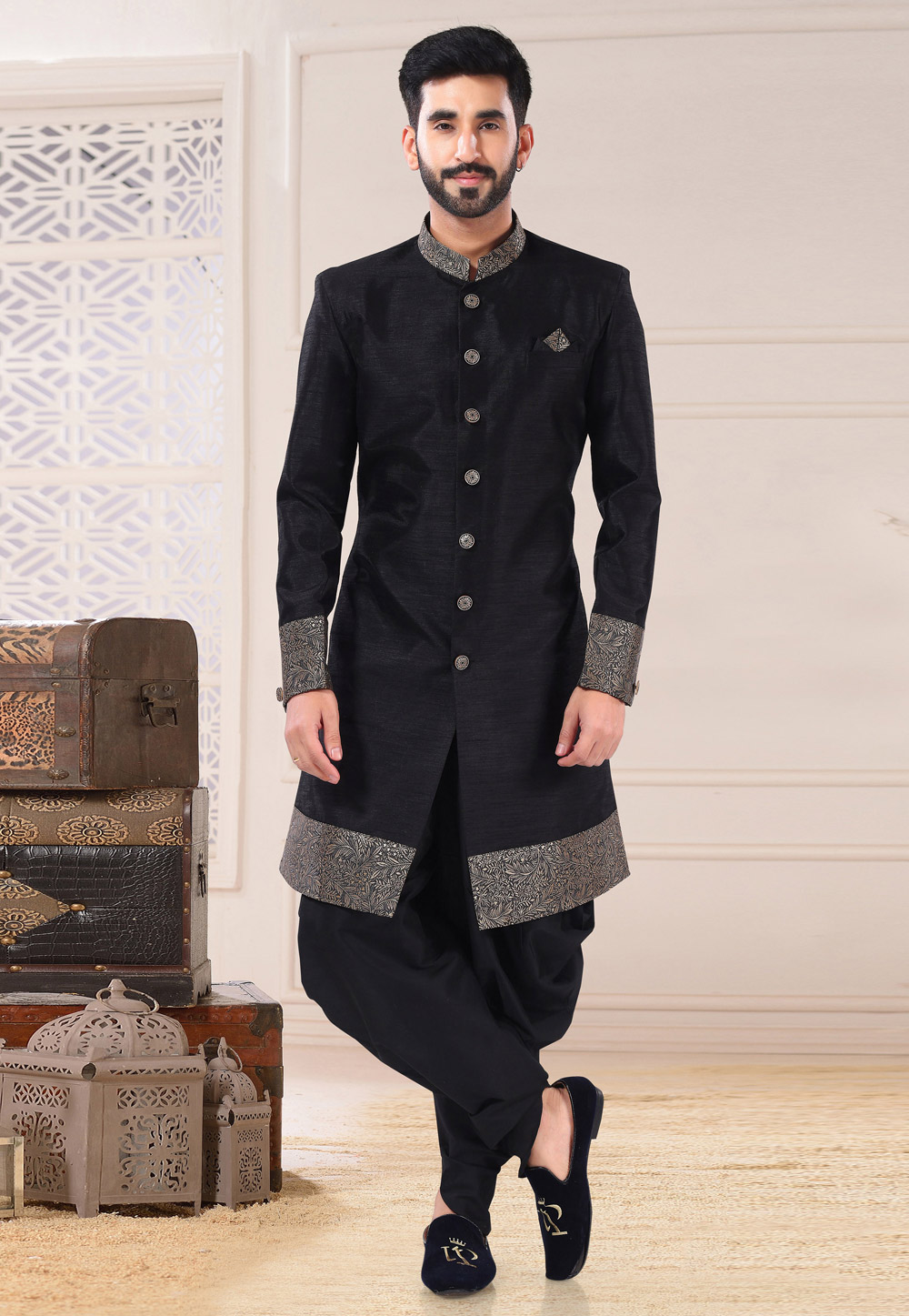 Black Silk Dhoti Sherwani 260272