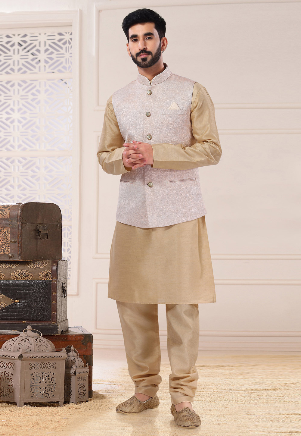 Beige Silk Kurta Pajama With Jacket 260273