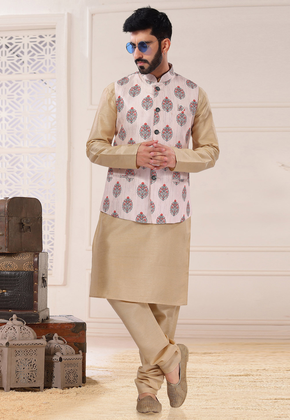 Beige Silk Kurta Pajama With Jacket 260276