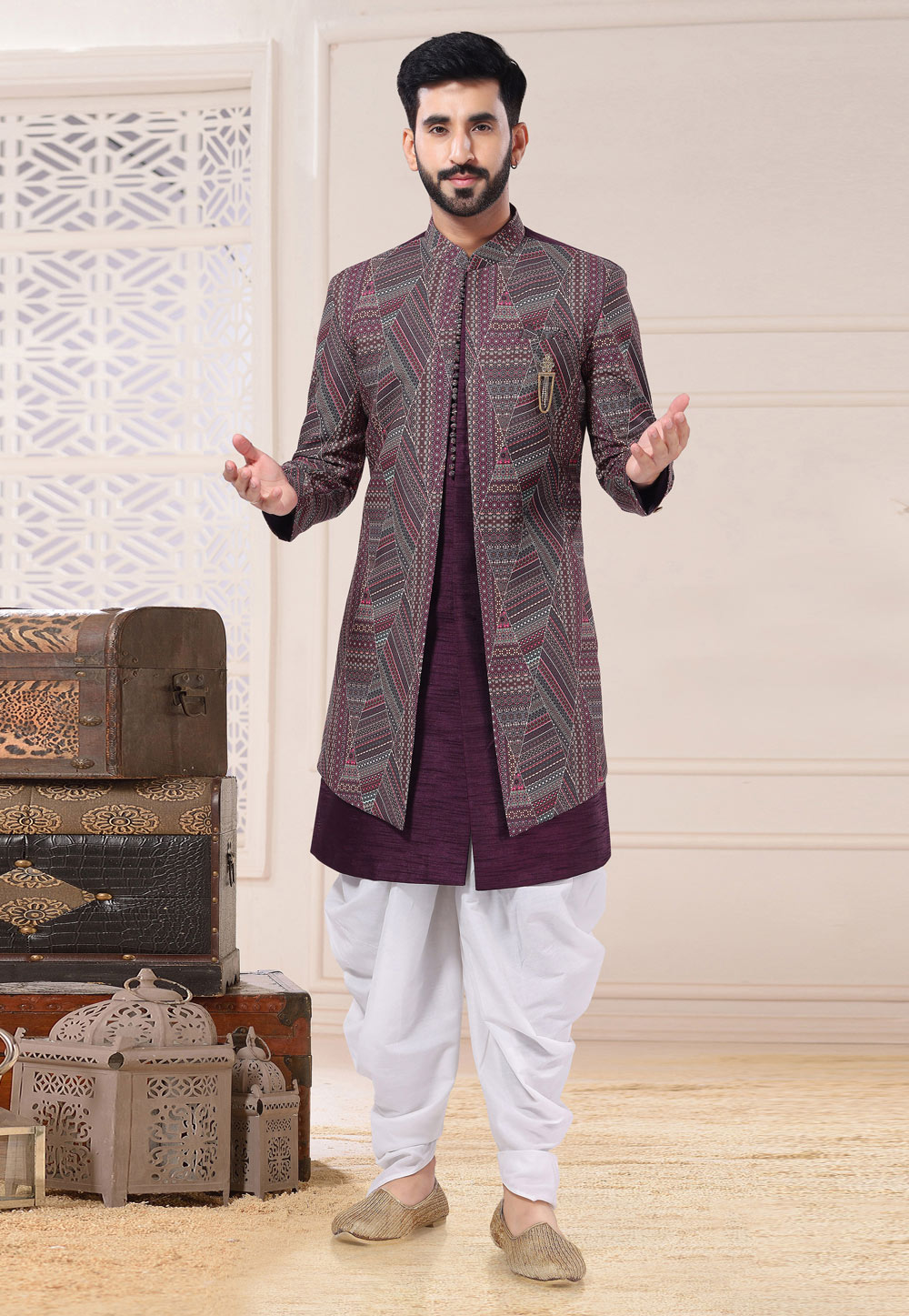 Wine Silk Jacket Style Sherwani 260284