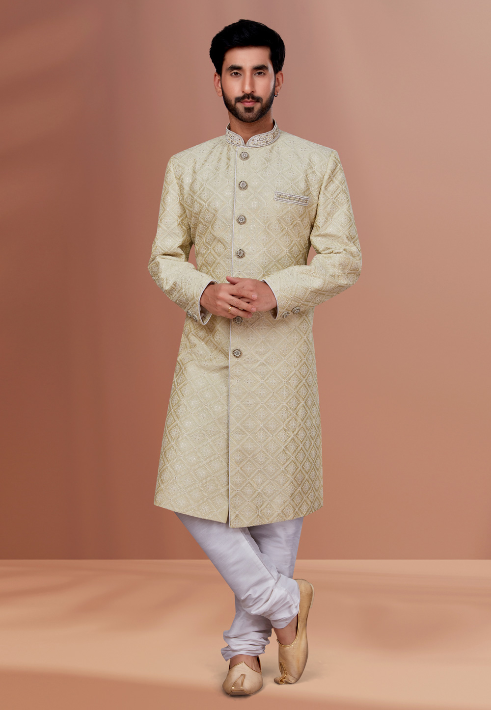 Cream Silk Pakistani Sherwani 257214