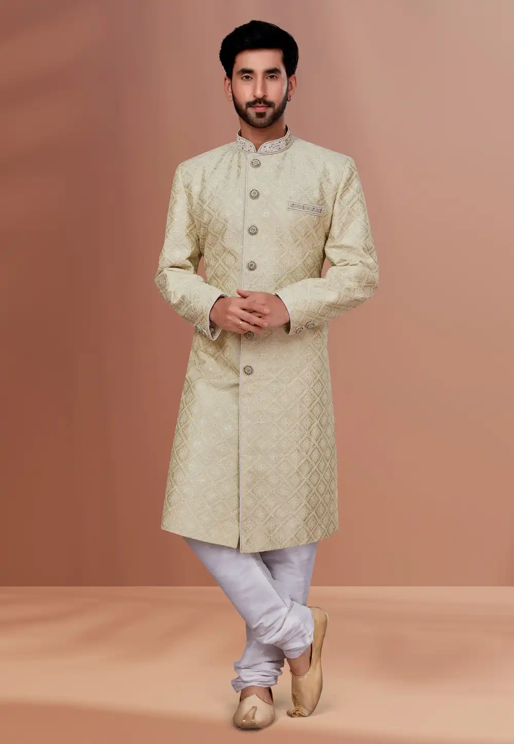 Cream Silk Pakistani Sherwani 257214