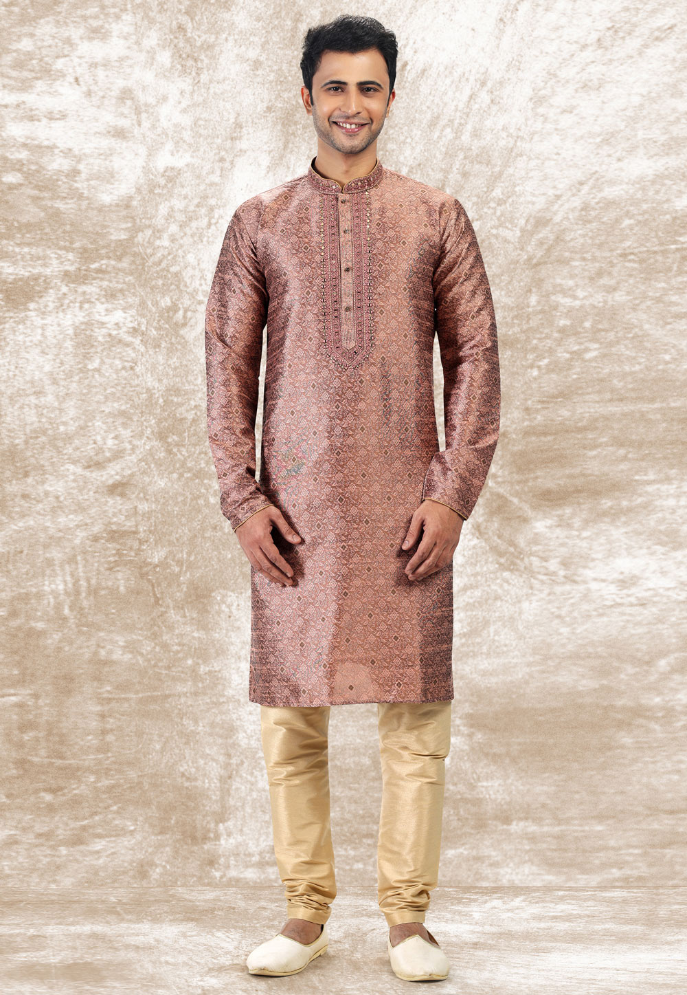 Pink Jacquard Silk Kurta Pajama 258702