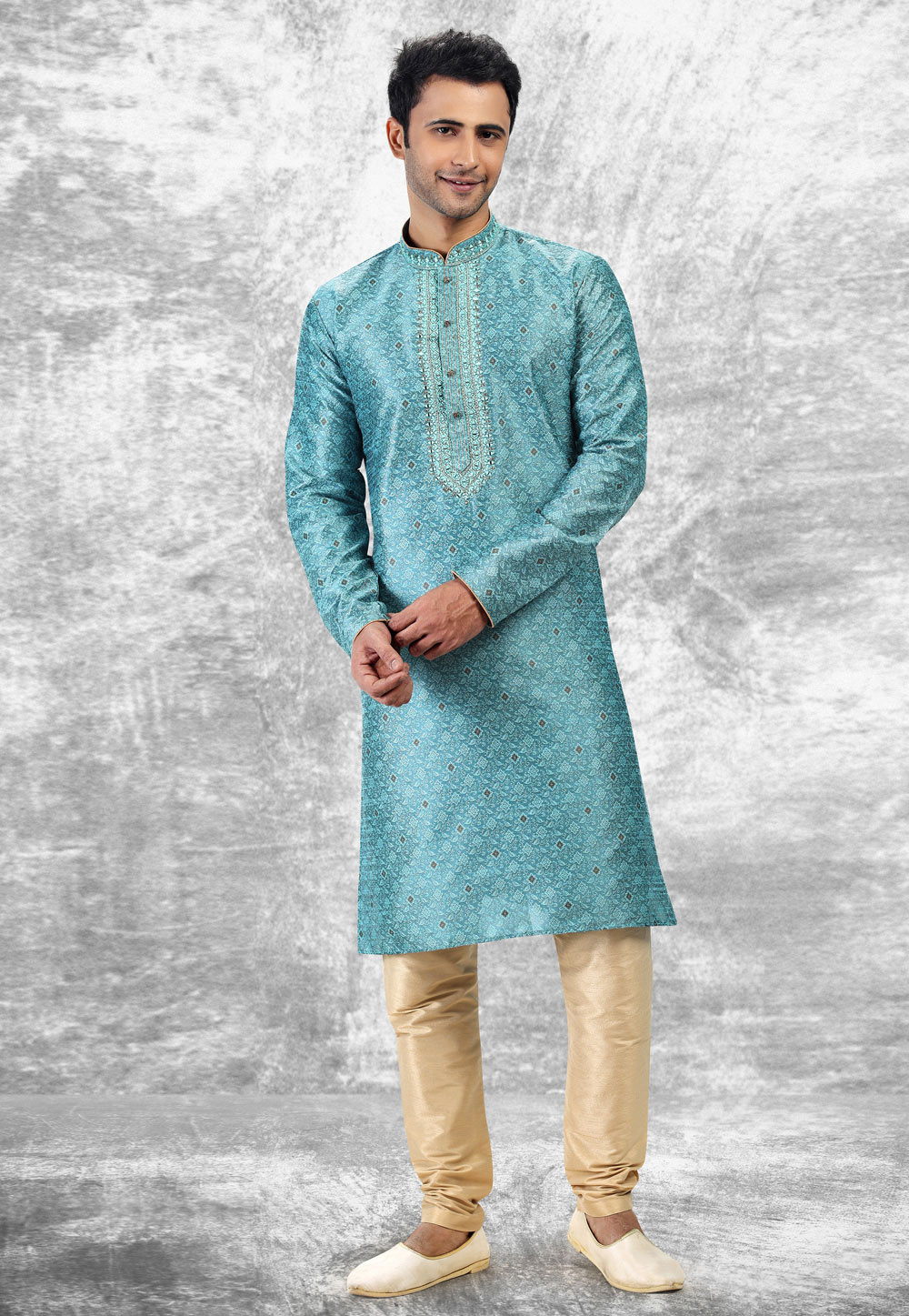 Sky Blue Jacquard Silk Kurta Pajama 258703
