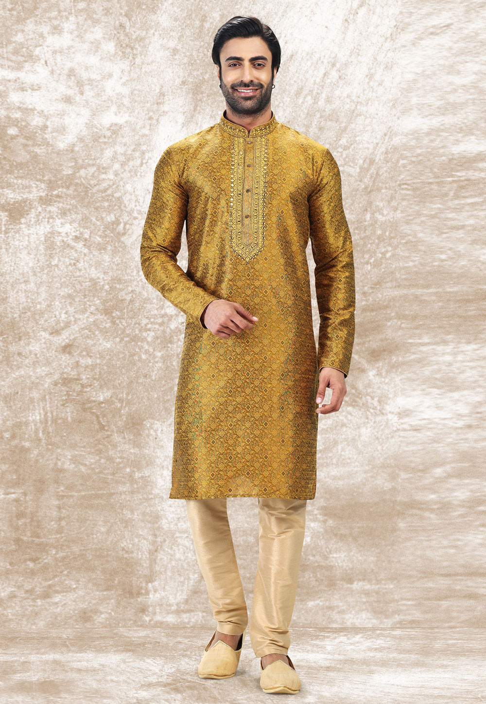 Golden Jacquard Silk Kurta Pajama 258704